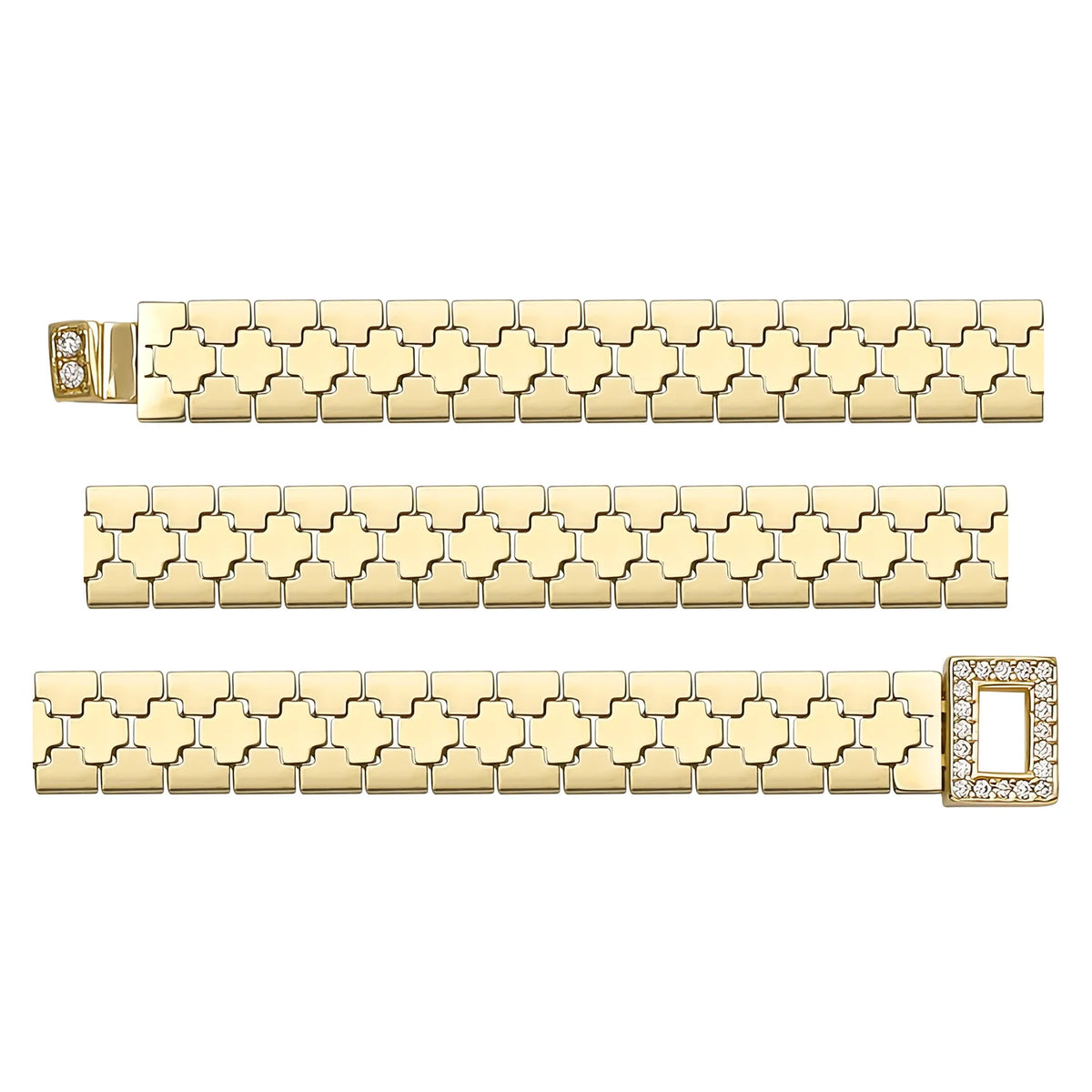 Solid gold fancy link bracelet, 11.15 g — shown in three rows across the frame.
