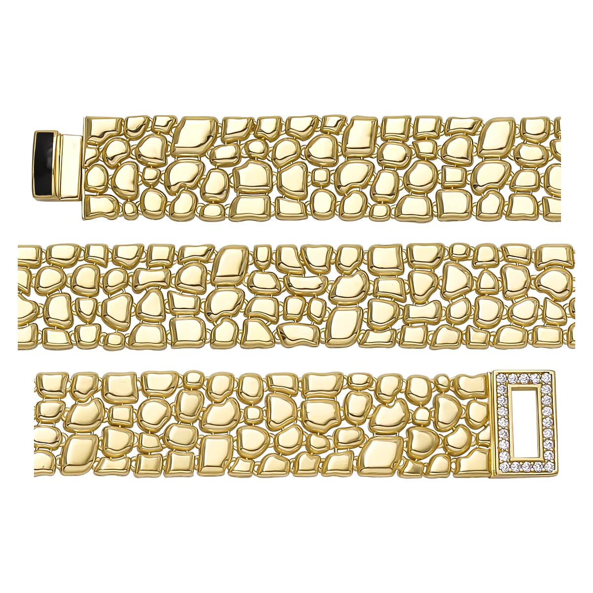 Solid gold fancy link bracelet, 19.40 g — shown in three rows across the frame.