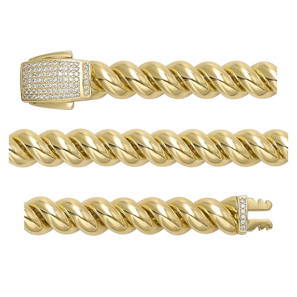 Solid gold curb bracelet, 28.44 g — shown in three rows across the frame.