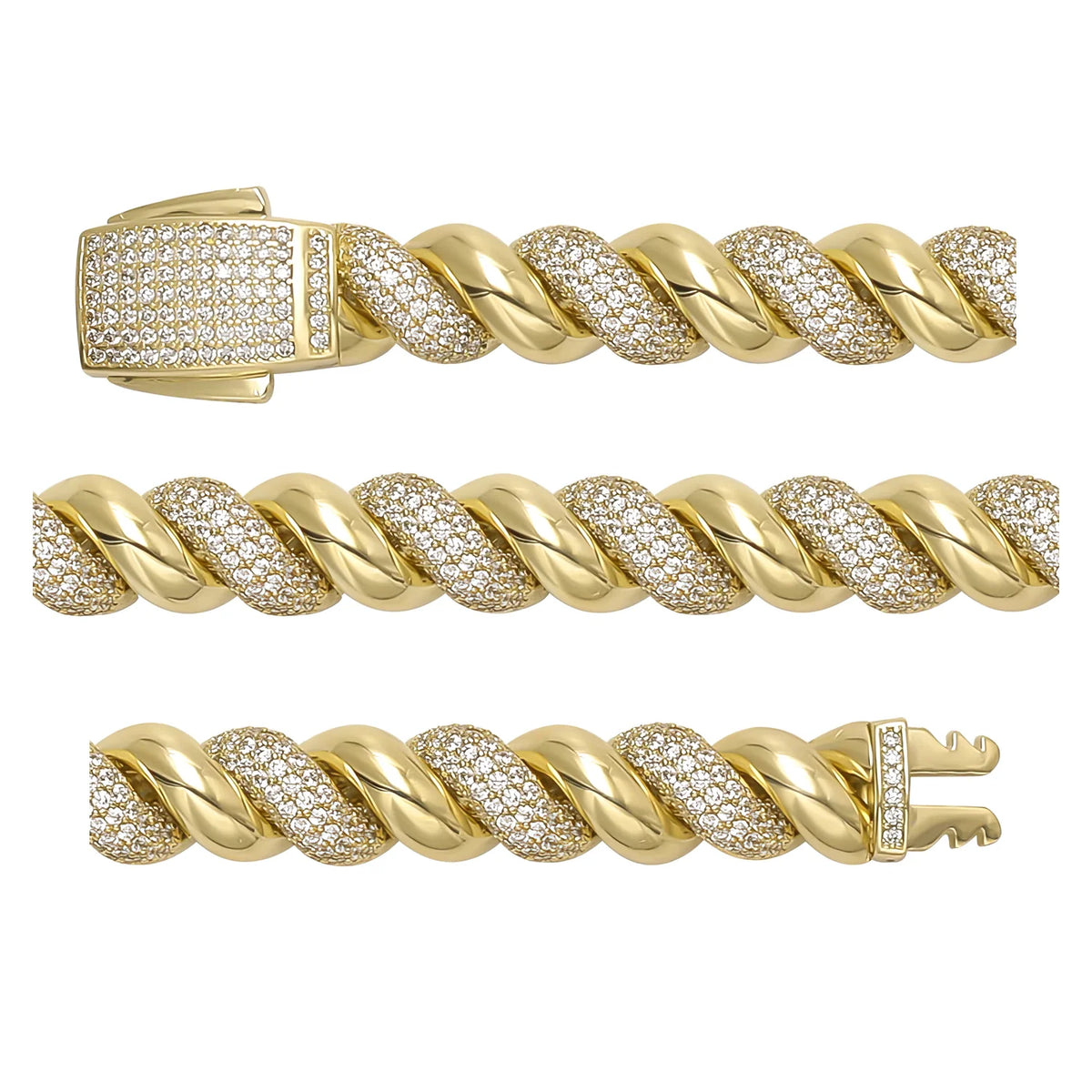 Solid gold curb bracelet, 31.10 g — shown in three rows across the frame.