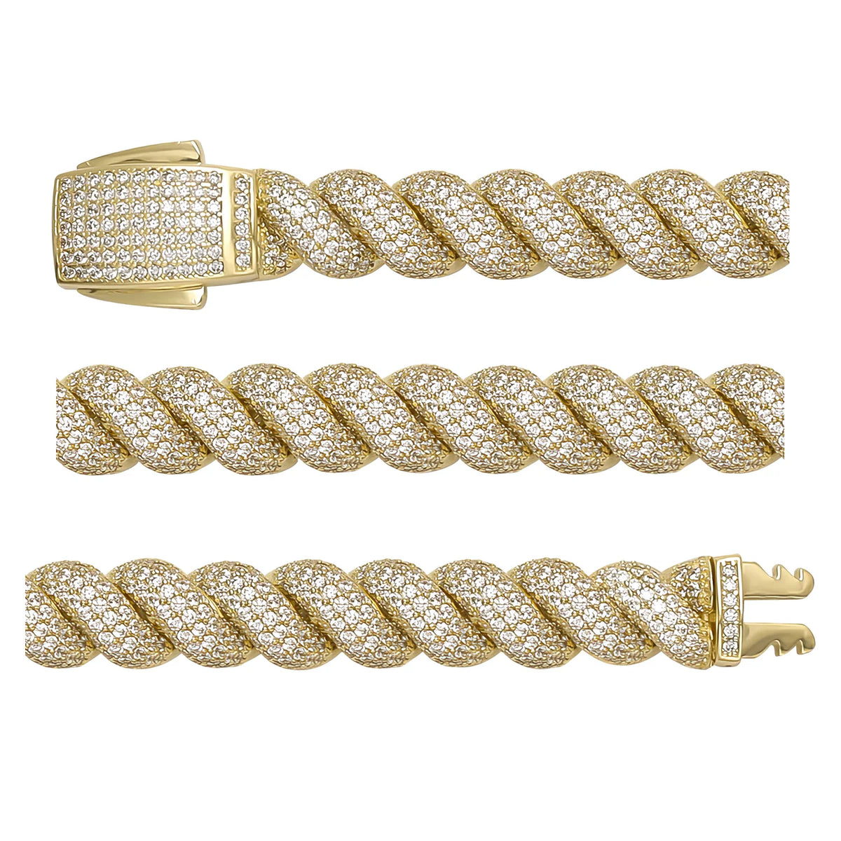 Solid gold curb bracelet, 34.00 g — shown in three rows across the frame.