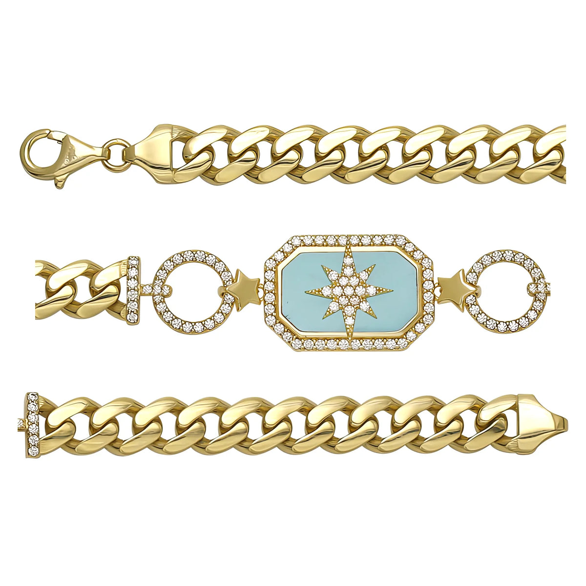 Solid gold fancy link bracelet, 11.55 g — shown in three rows across the frame.