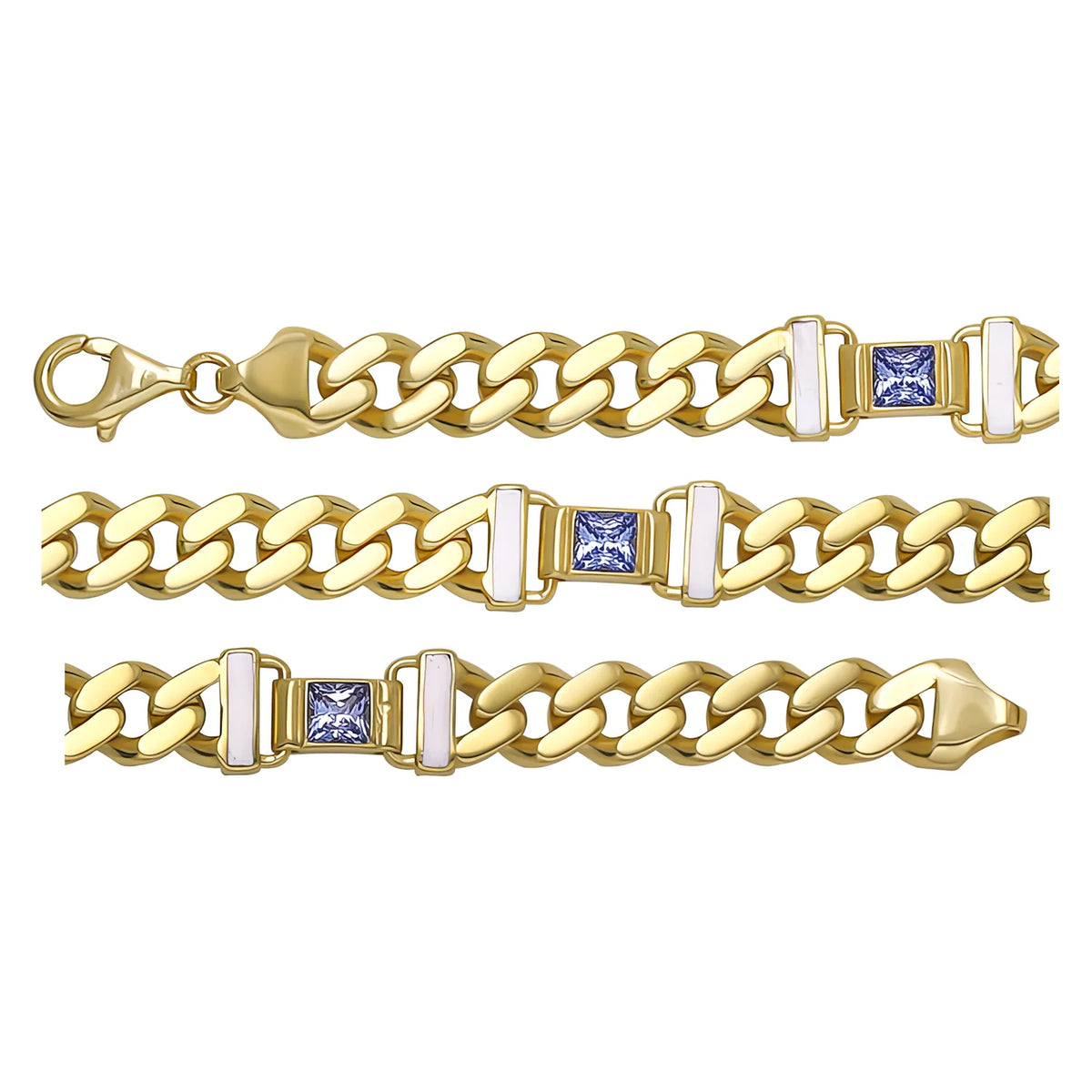 Solid gold curb bracelet, 13.68 g — shown in three rows across the frame.