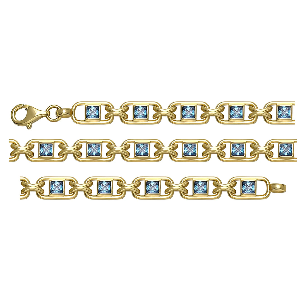 Solid gold fancy link bracelet, 13.68 g — shown in three rows across the frame.