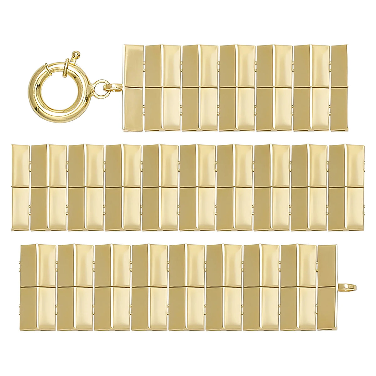 Solid gold brick link bracelet, 14.62 g — shown in three rows across the frame.