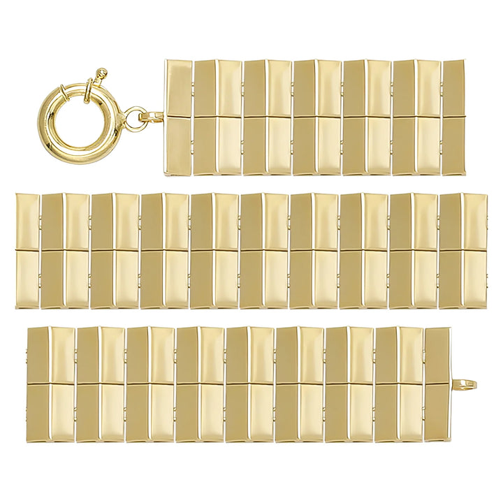 Solid gold brick link bracelet, 14.62 g — shown in three rows across the frame.