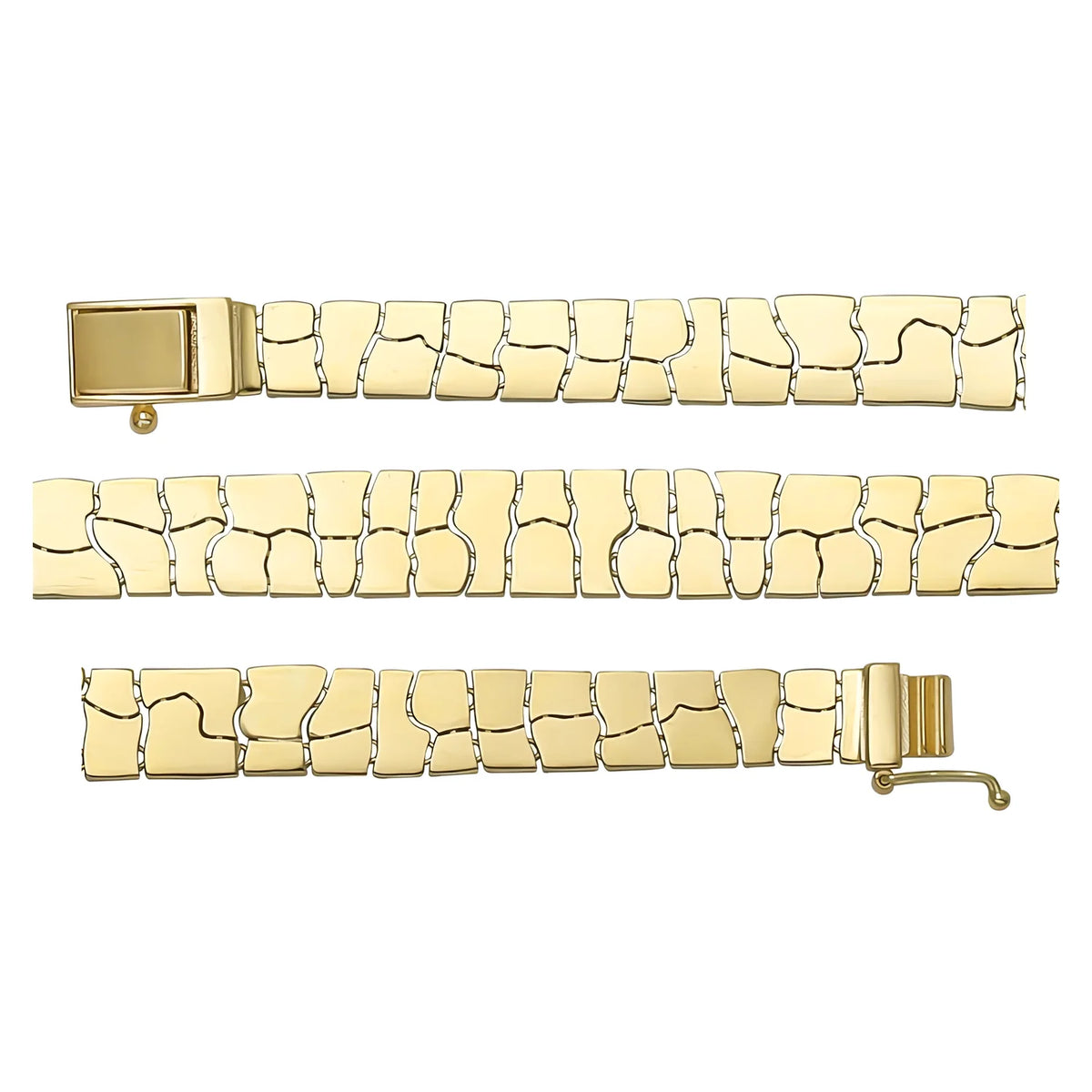 Solid gold fancy link bracelet, 10.45 g — shown in three rows across the frame.