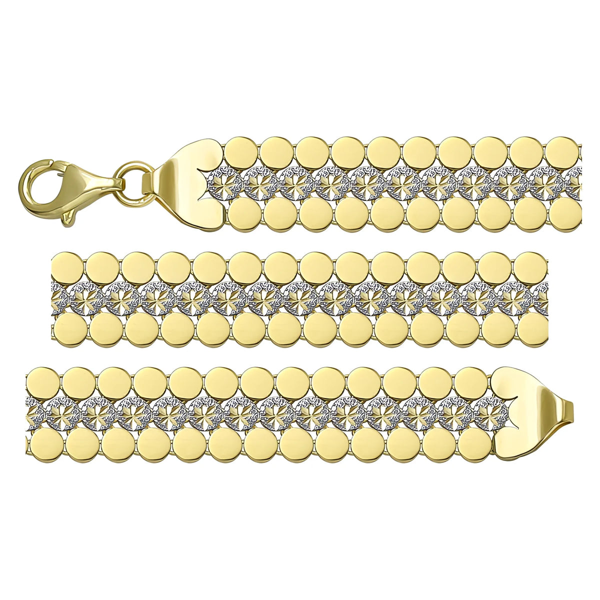 Solid gold fancy link bracelet, 13.20 g — shown in three rows across the frame.