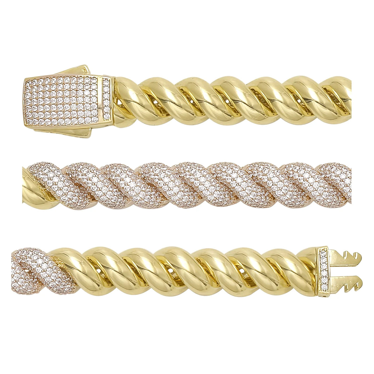 Solid gold curb bracelet, 31.50 g — shown in three rows across the frame.