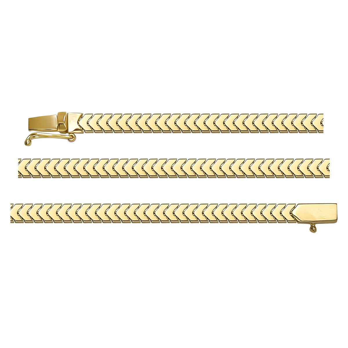 Solid gold herringbone bracelet, 5.45 g — shown in three rows across the frame.