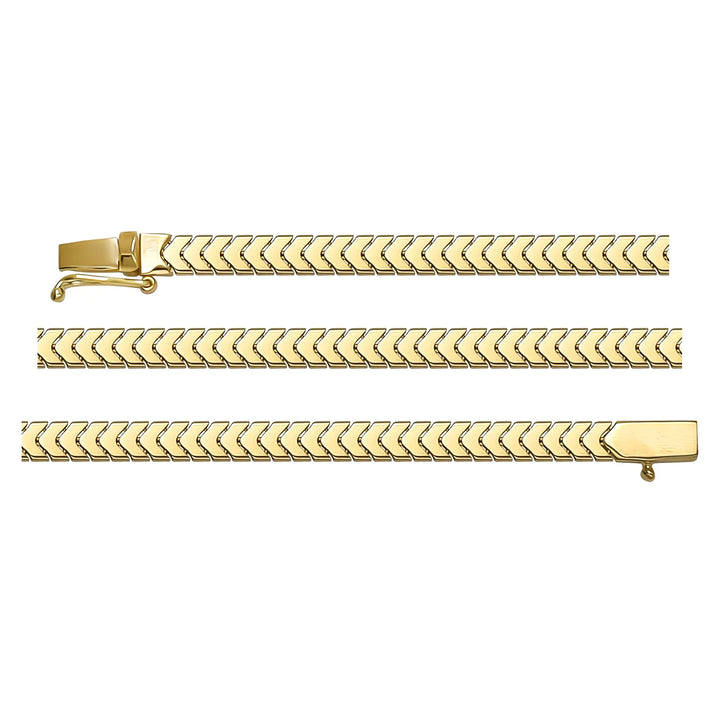 Solid gold herringbone bracelet, 5.45 g — shown in three rows across the frame.