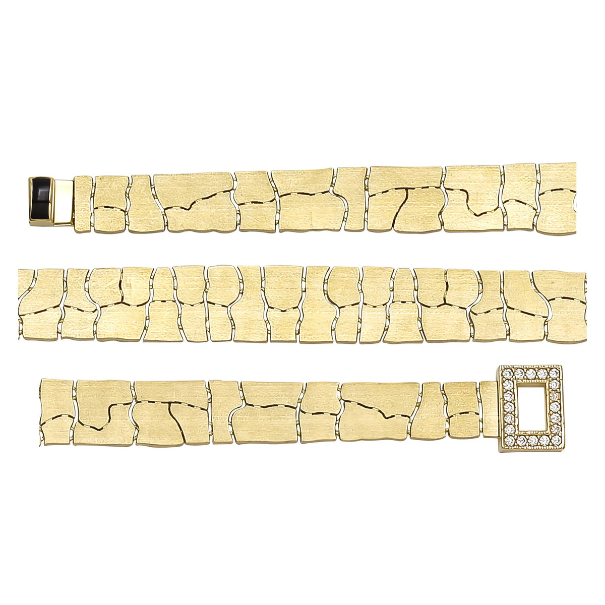 Solid gold fancy link bracelet, 12.50 g — shown in three rows across the frame.