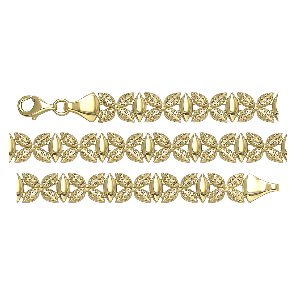 Solid gold fancy link bracelet, 6.70 g — shown in three rows across the frame.