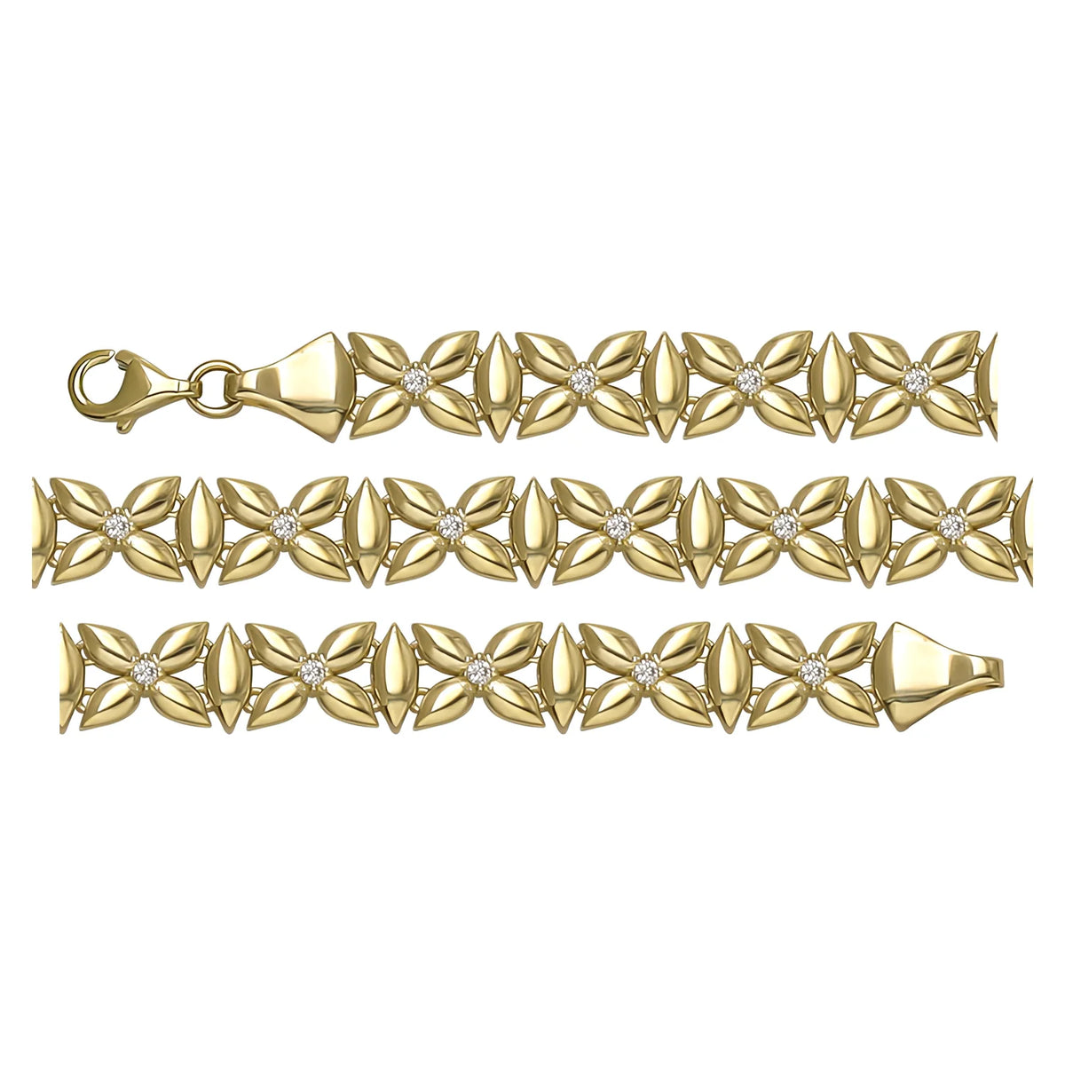 Solid gold fancy link bracelet, 7.64 g — shown in three rows across the frame.