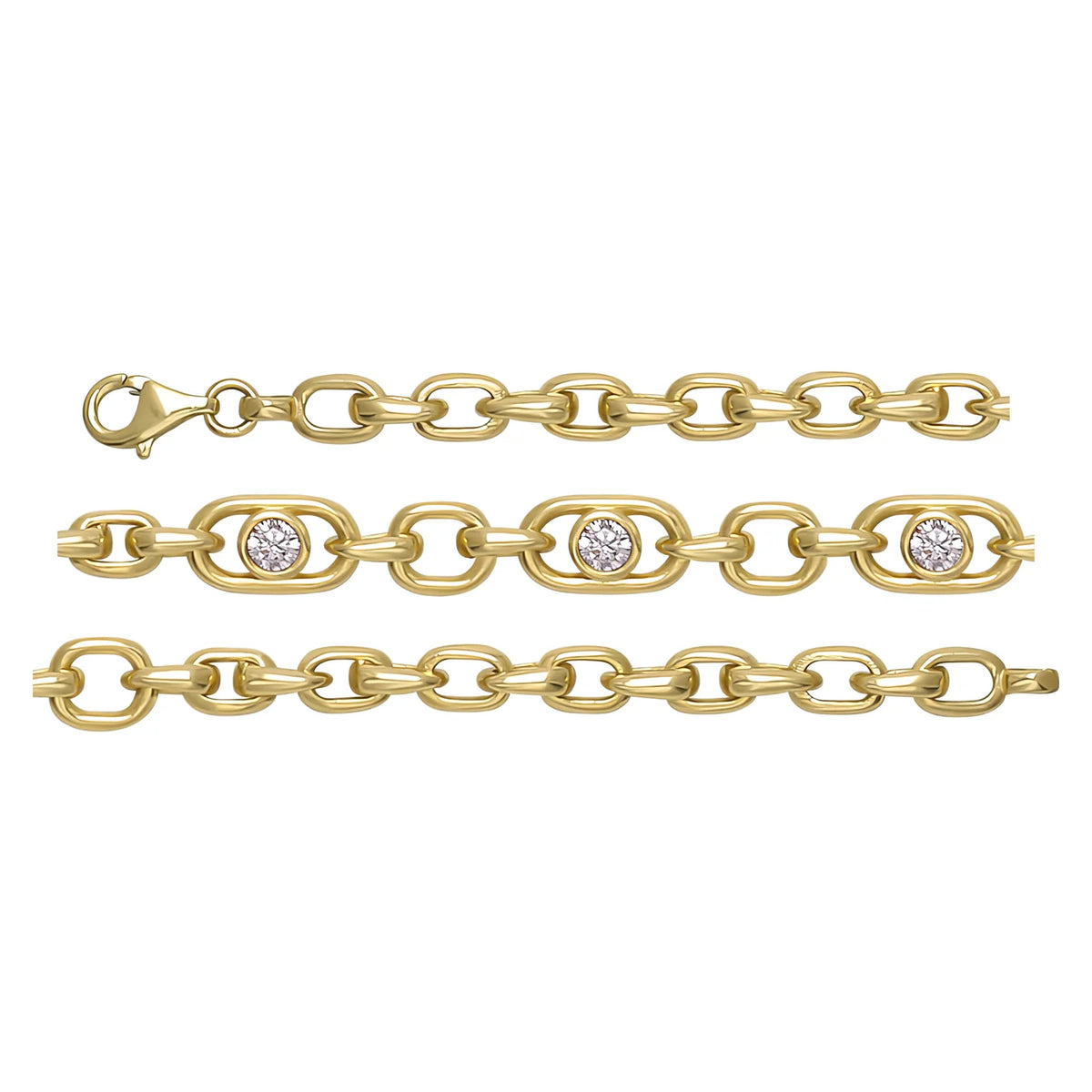 Solid gold fancy link bracelet, 13.50 g — shown in three rows across the frame.
