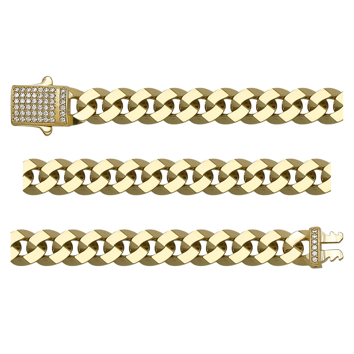 Solid gold curb bracelet, 13.50 g — shown in three rows across the frame.