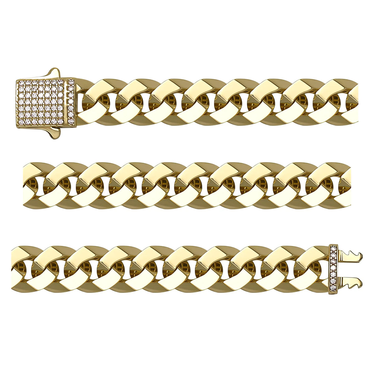 Solid gold curb bracelet, 17.80 g — shown in three rows across the frame.