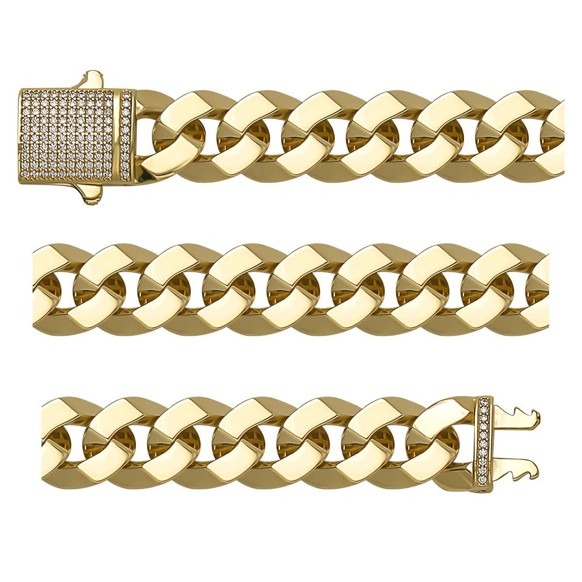 Solid gold curb bracelet, 24.75 g — shown in three rows across the frame.