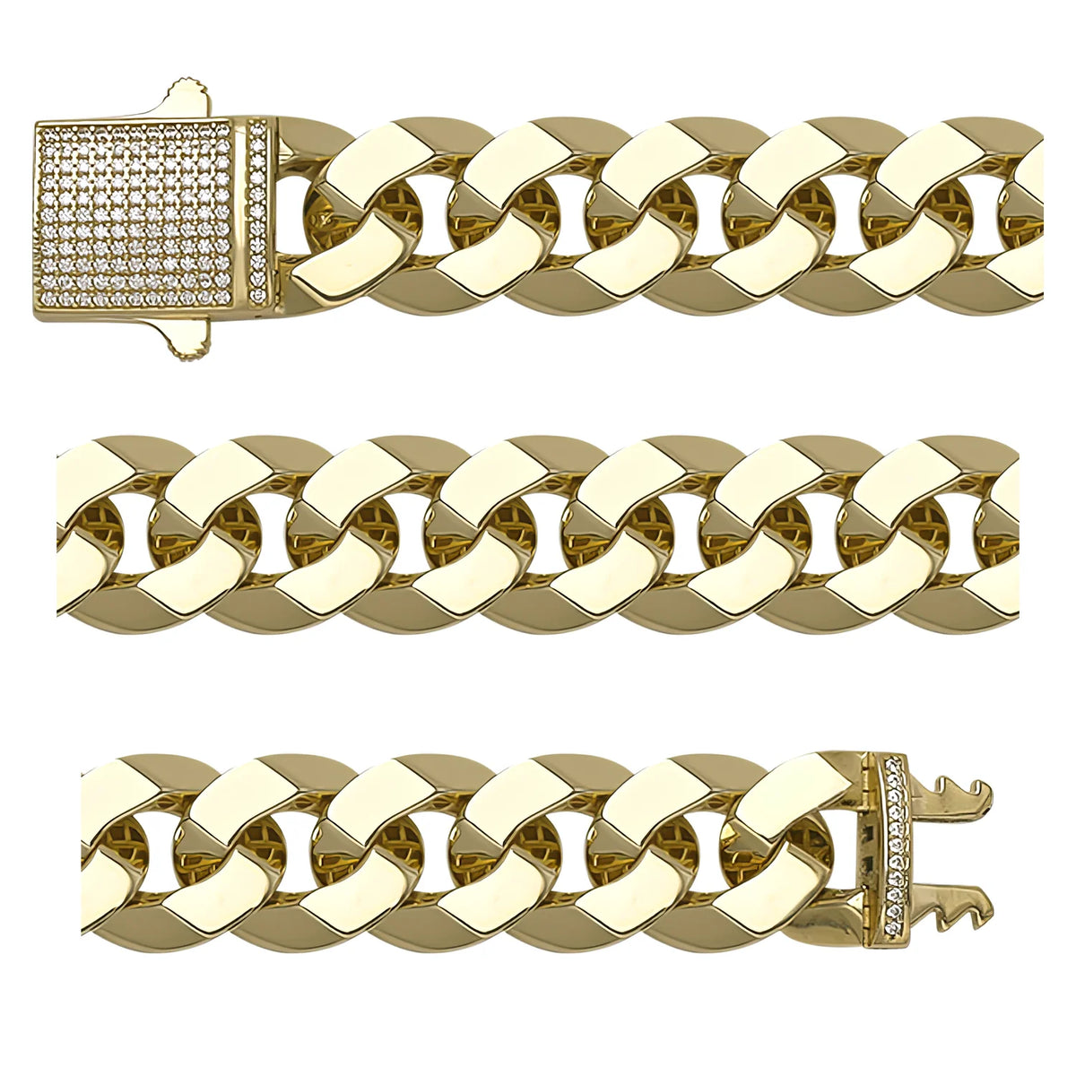 Solid gold curb bracelet, 32.90 g — shown in three rows across the frame.