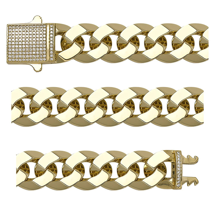Solid gold curb bracelet, 32.90 g — shown in three rows across the frame.