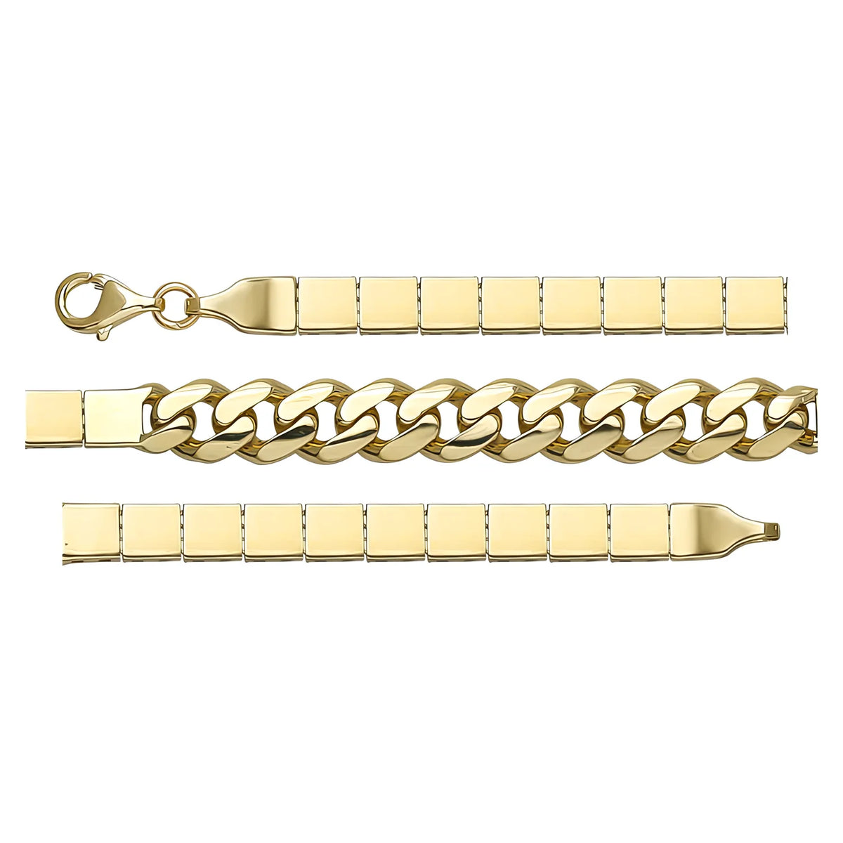 Solid gold curb bracelet, 7.45 g — shown in three rows across the frame.