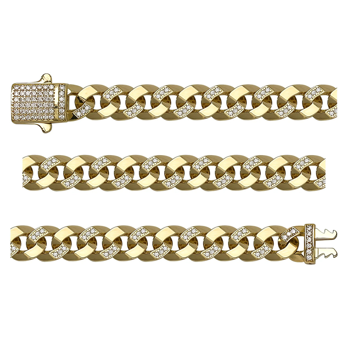 Solid gold curb bracelet, 13.65 g — shown in three rows across the frame.