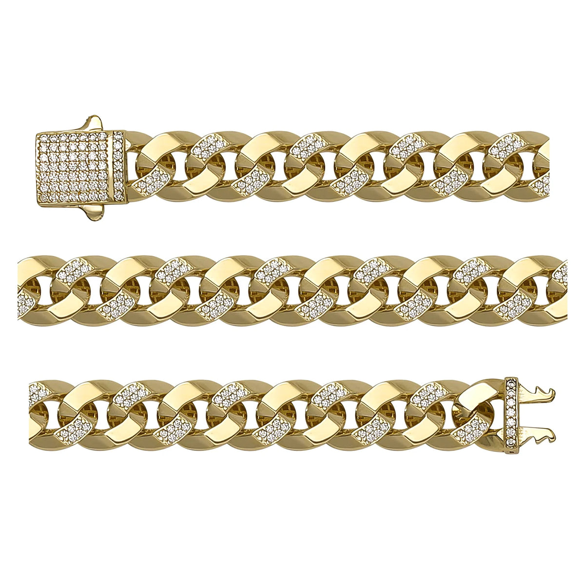 Solid gold curb bracelet, 17.39 g — shown in three rows across the frame.
