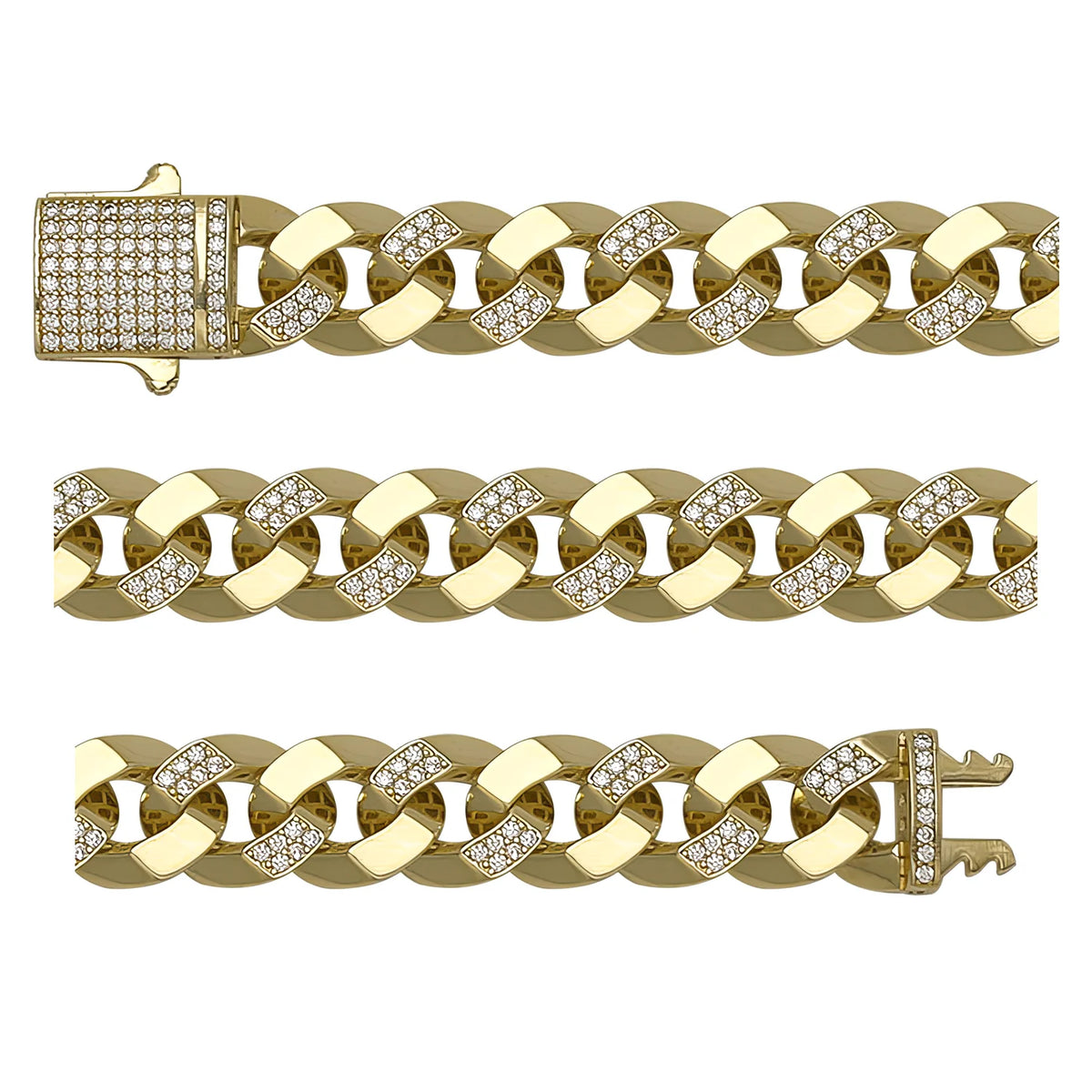 Solid gold curb bracelet, 21.19 g — shown in three rows across the frame.
