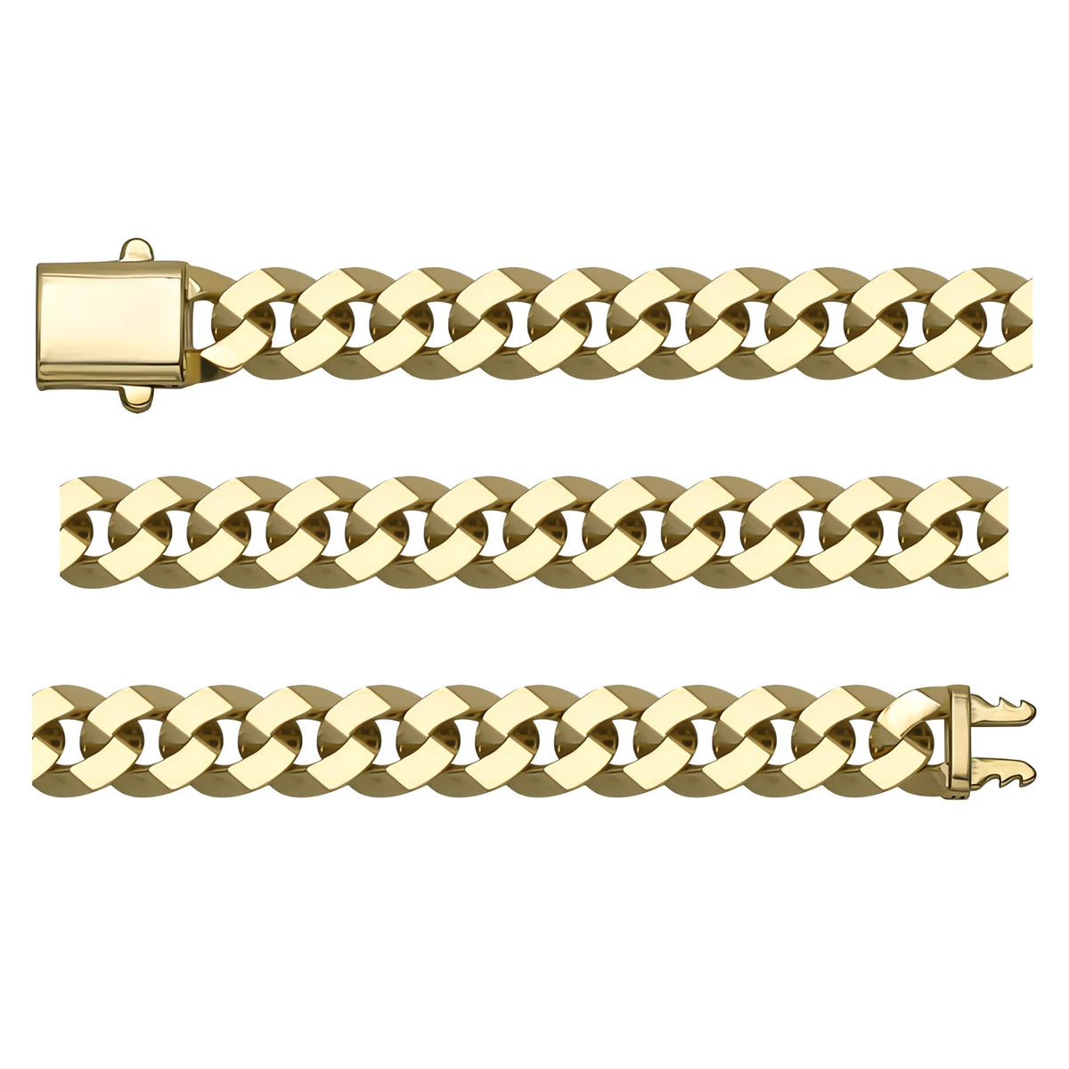 Solid gold curb bracelet, 11.65 g — shown in three rows across the frame.