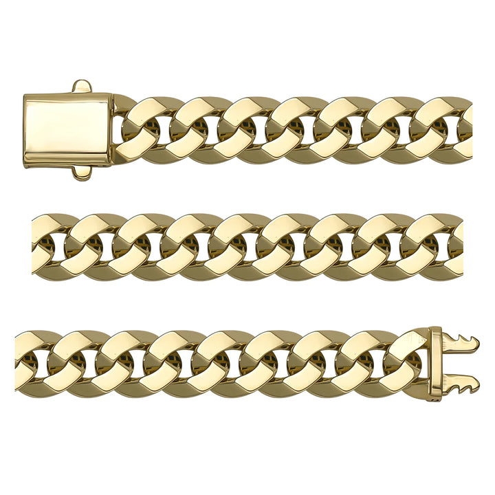 Solid gold curb bracelet, 15.85 g — shown in three rows across the frame.