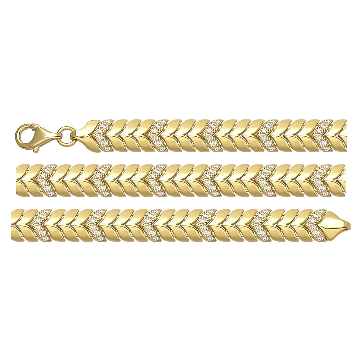 Solid gold herringbone bracelet, 9.10 g — shown in three rows across the frame.