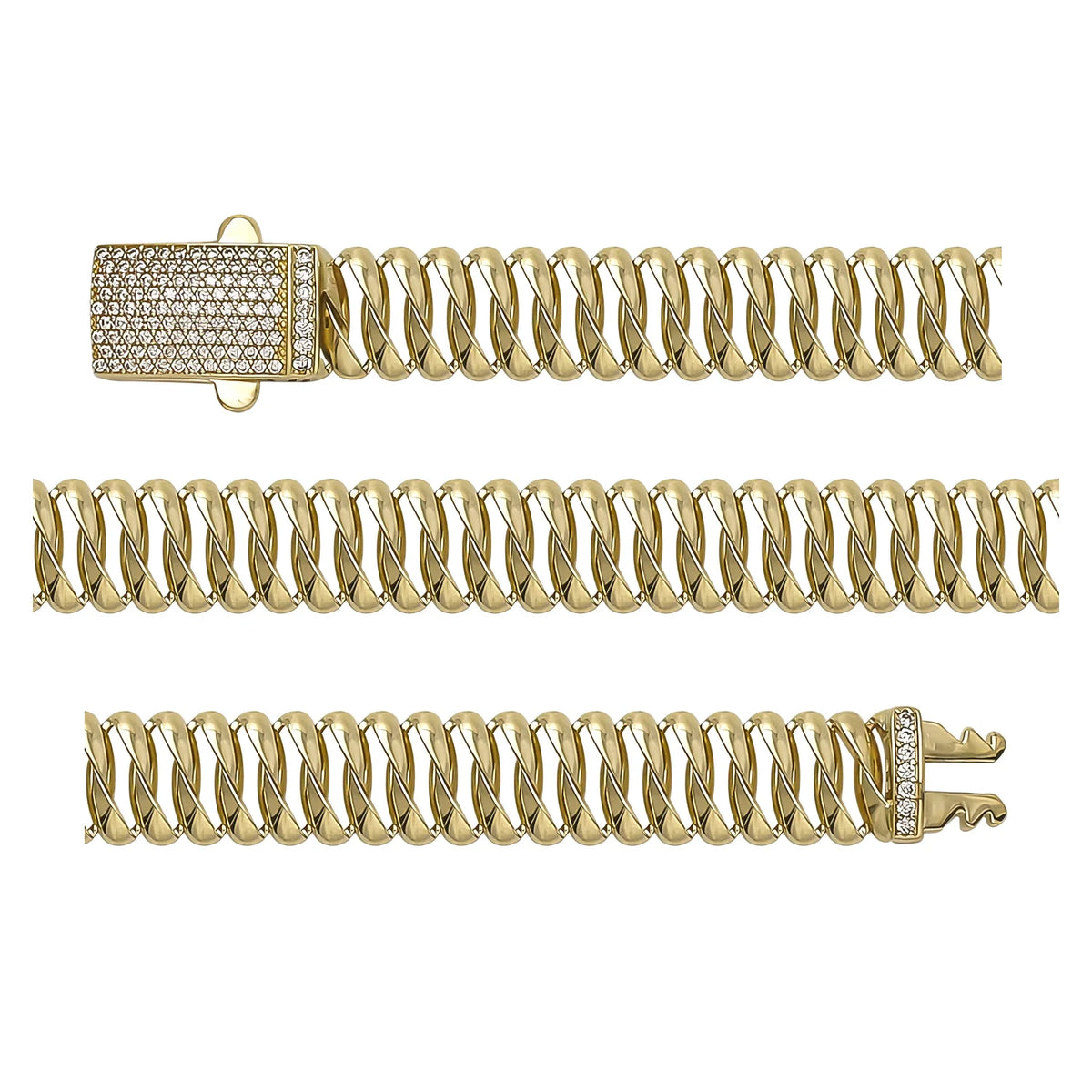 Solid gold braided bracelet, 24.52 g — shown in three rows across the frame.
