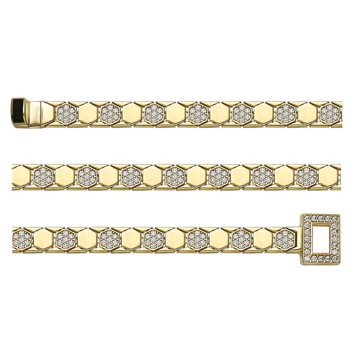 Solid gold honeycomb bracelet, 12.86 g — shown in three rows across the frame.