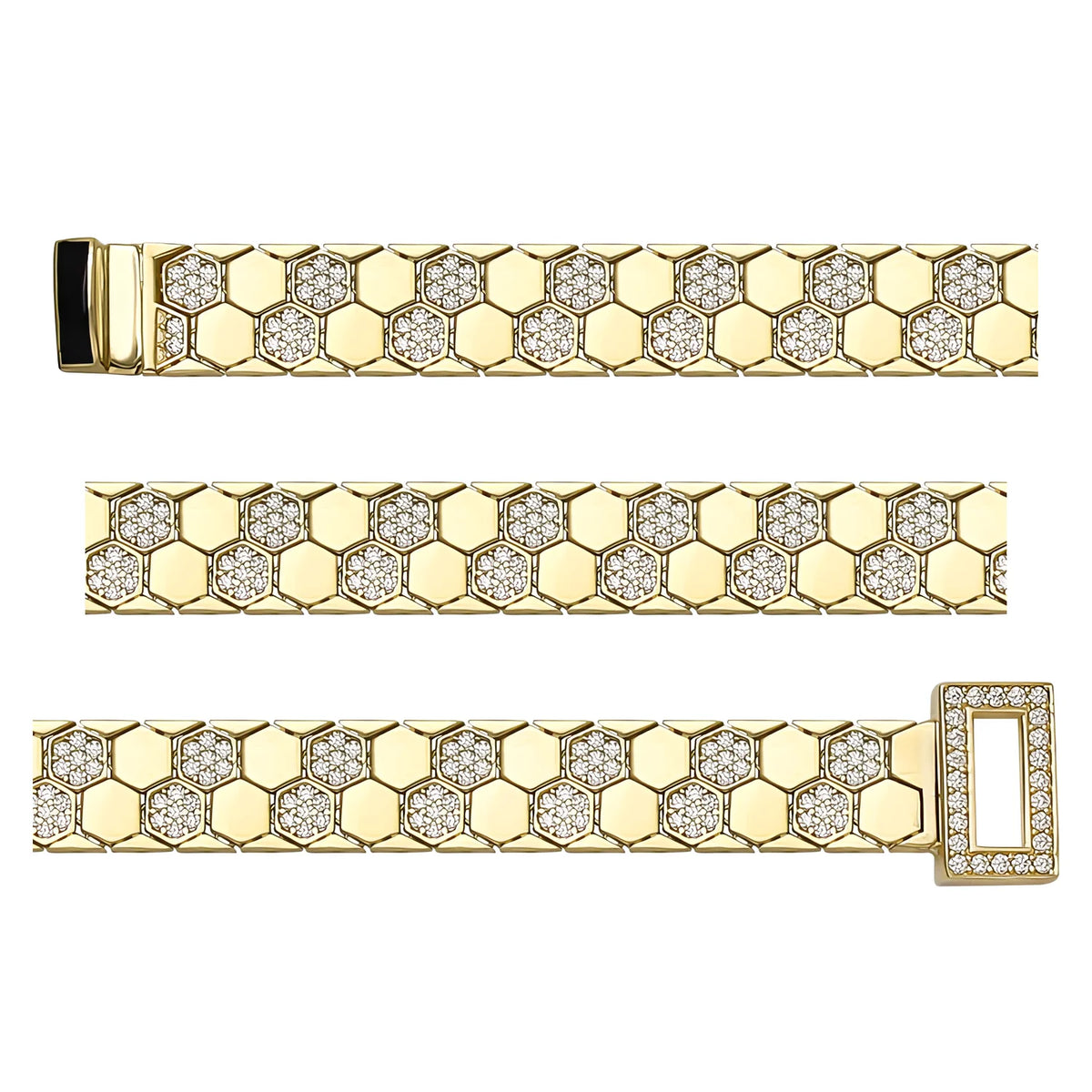 Solid gold honeycomb bracelet, 19.75 g — shown in three rows across the frame.