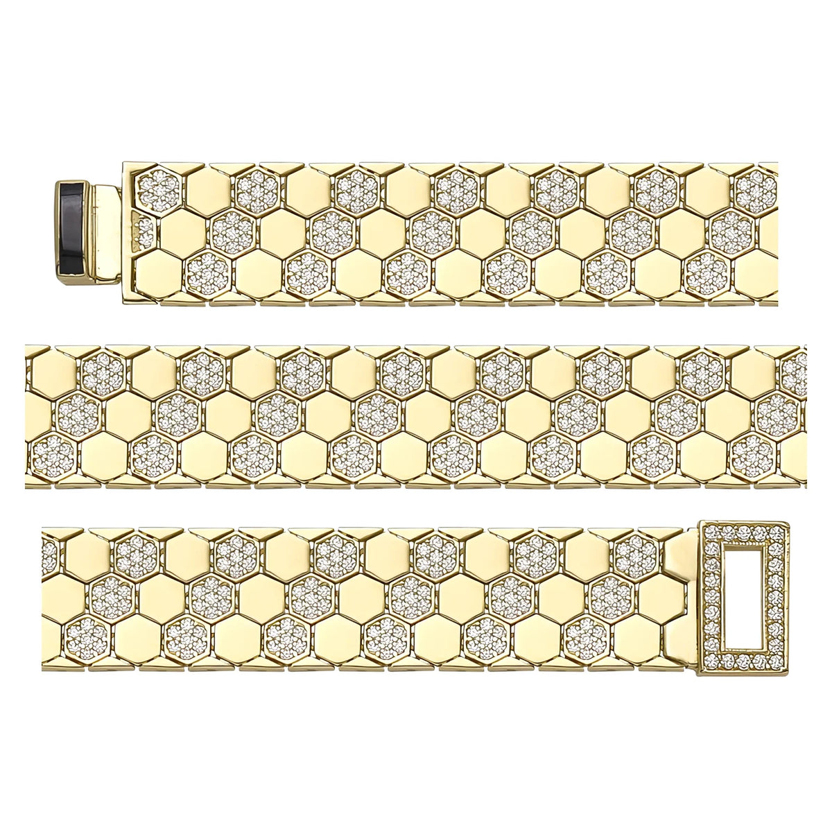 Solid gold honeycomb bracelet, 27.40 g — shown in three rows across the frame.