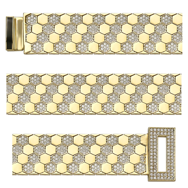Solid gold honeycomb bracelet, 36.35 g — shown in three rows across the frame.