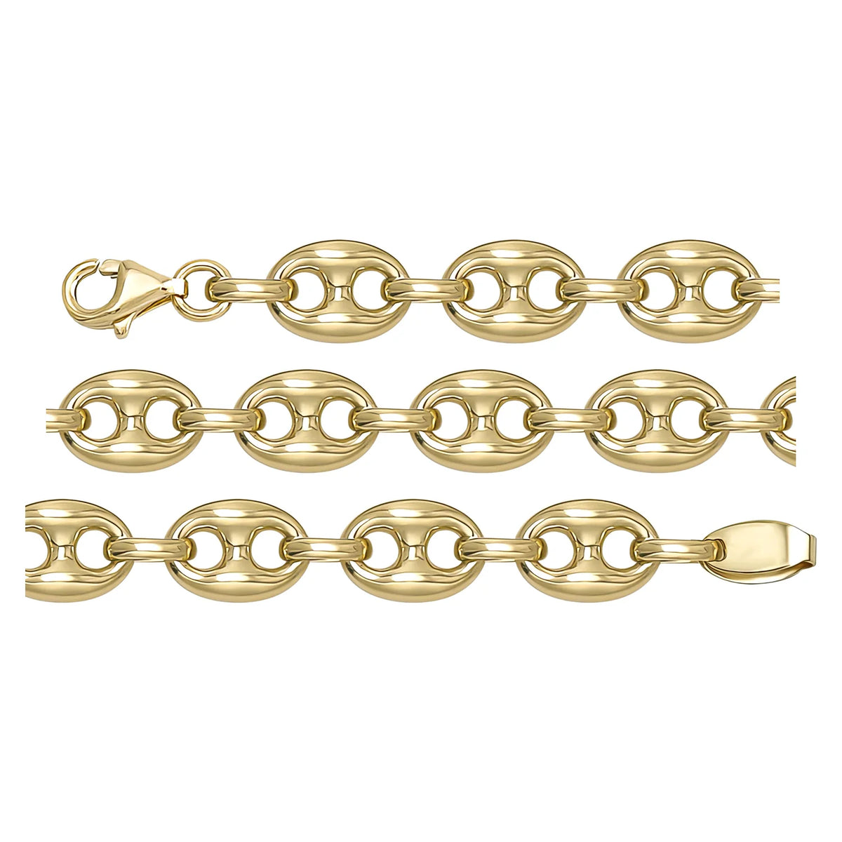 Solid gold mariner bracelet, 16.00 g — shown in three rows across the frame.