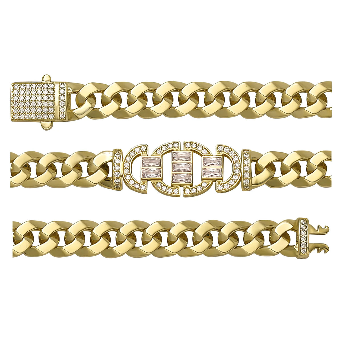 Solid gold curb bracelet, 14.91 g — shown in three rows across the frame.