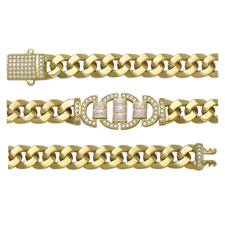Solid gold curb bracelet, 14.91 g — shown in three rows across the frame.