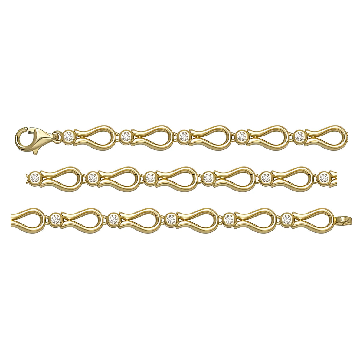 Solid gold fancy link bracelet, 6.91 g — shown in three rows across the frame.