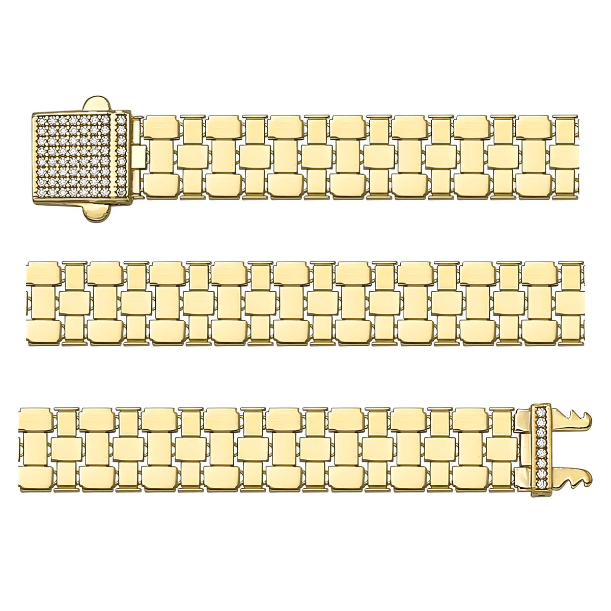 Solid gold brick link bracelet, 15.31 g — shown in three rows across the frame.