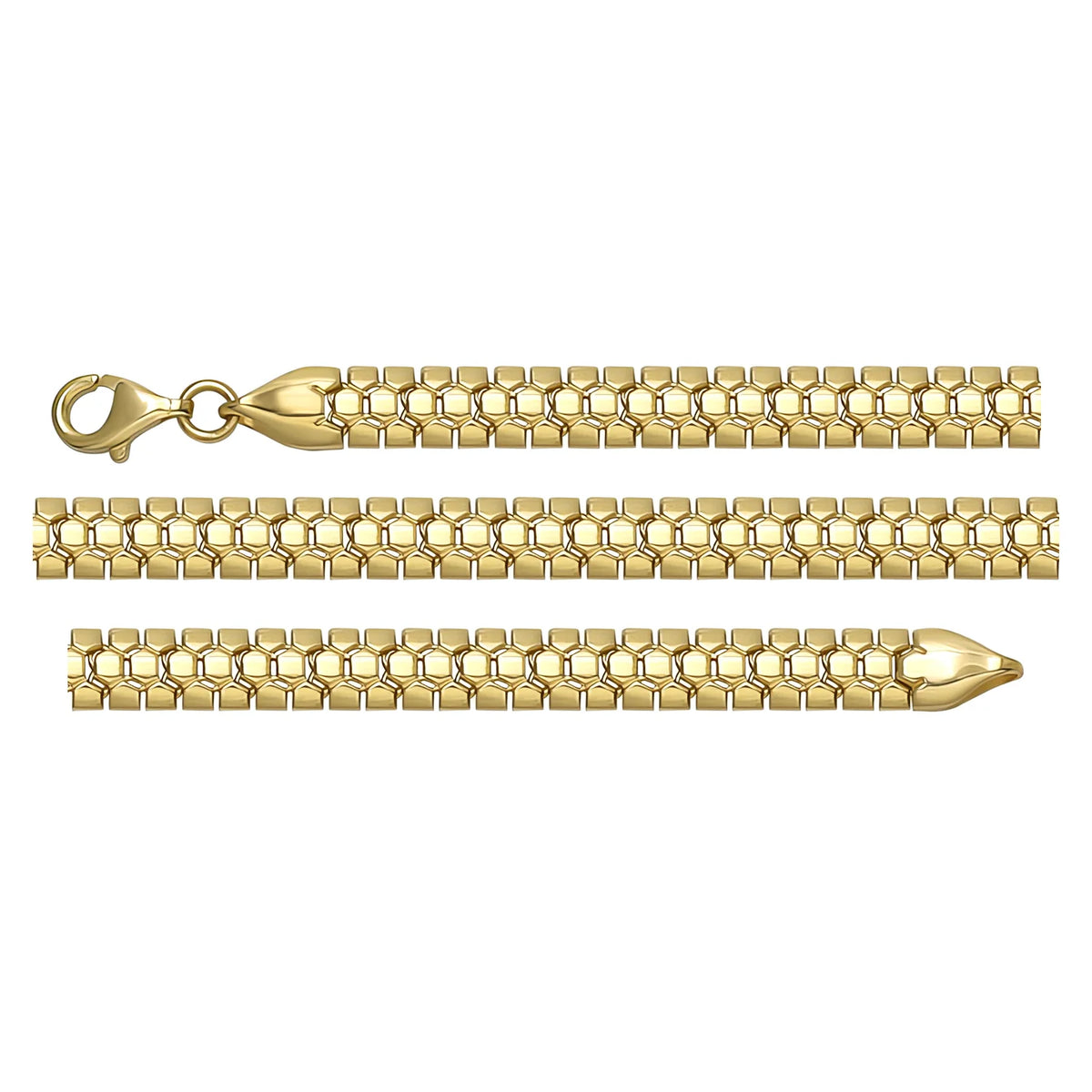 Solid gold braided bracelet, 12.57 g — shown in three rows across the frame.