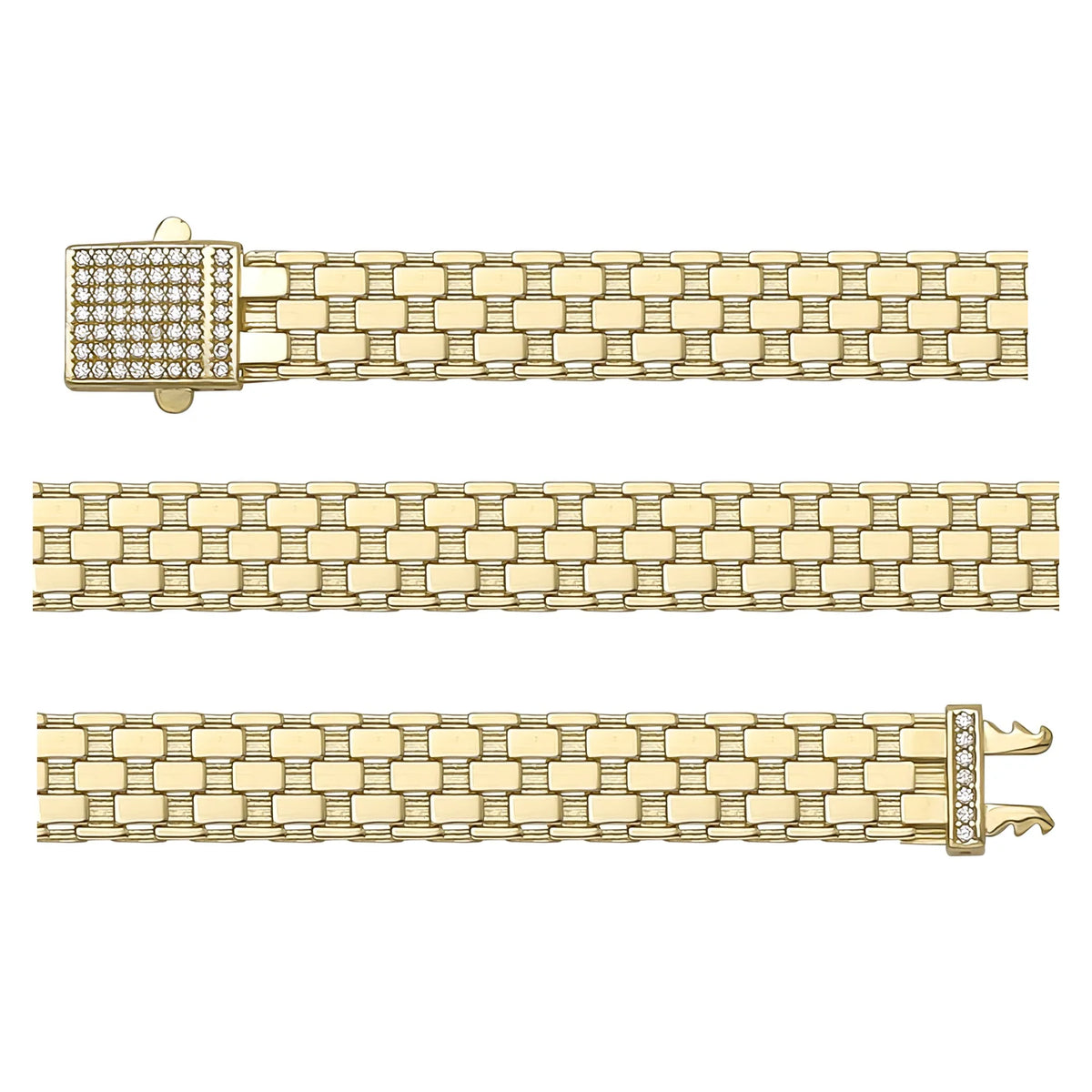 Solid gold brick link bracelet, 11.29 g — shown in three rows across the frame.