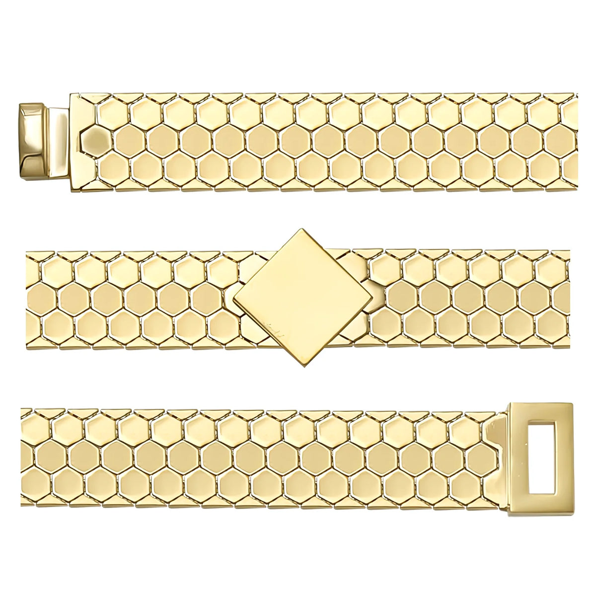 Solid gold honeycomb bracelet, 16.00 g — shown in three rows across the frame.