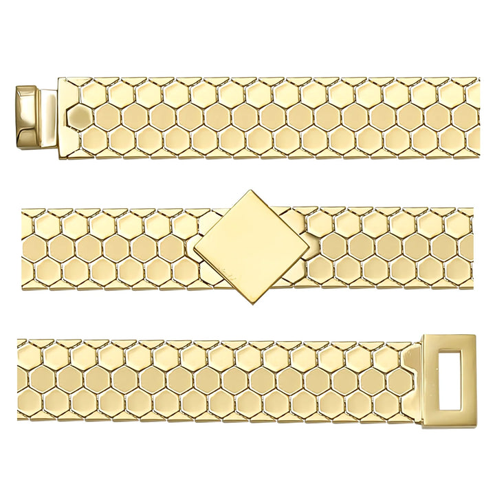 Solid gold honeycomb bracelet, 16.00 g — shown in three rows across the frame.