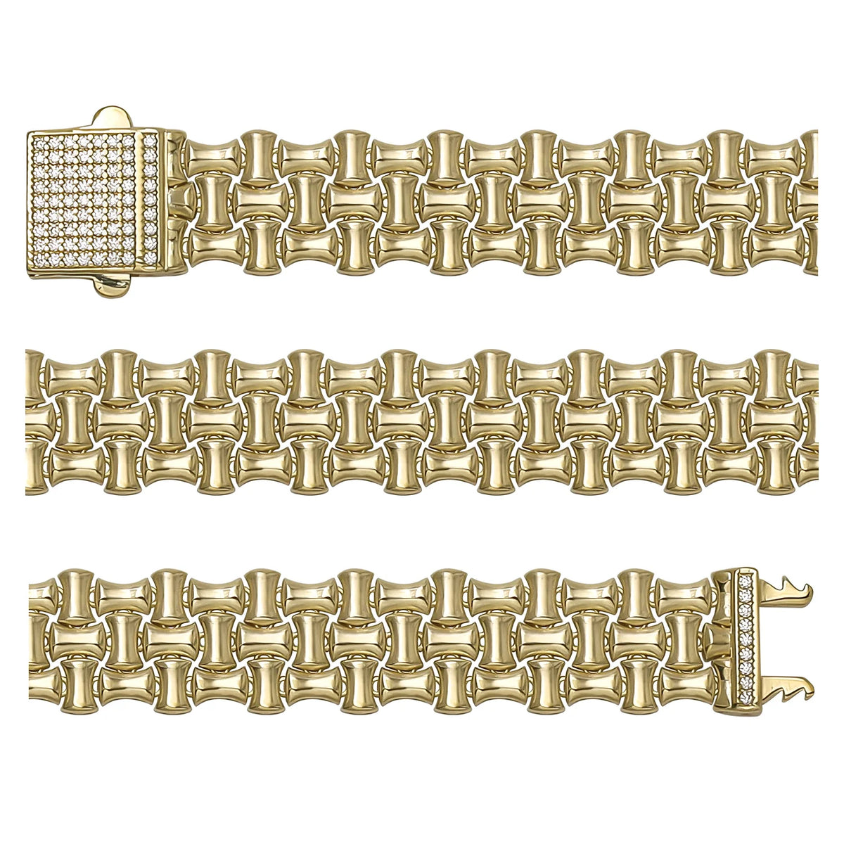 Solid gold brick link bracelet, 18.02 g — shown in three rows across the frame.