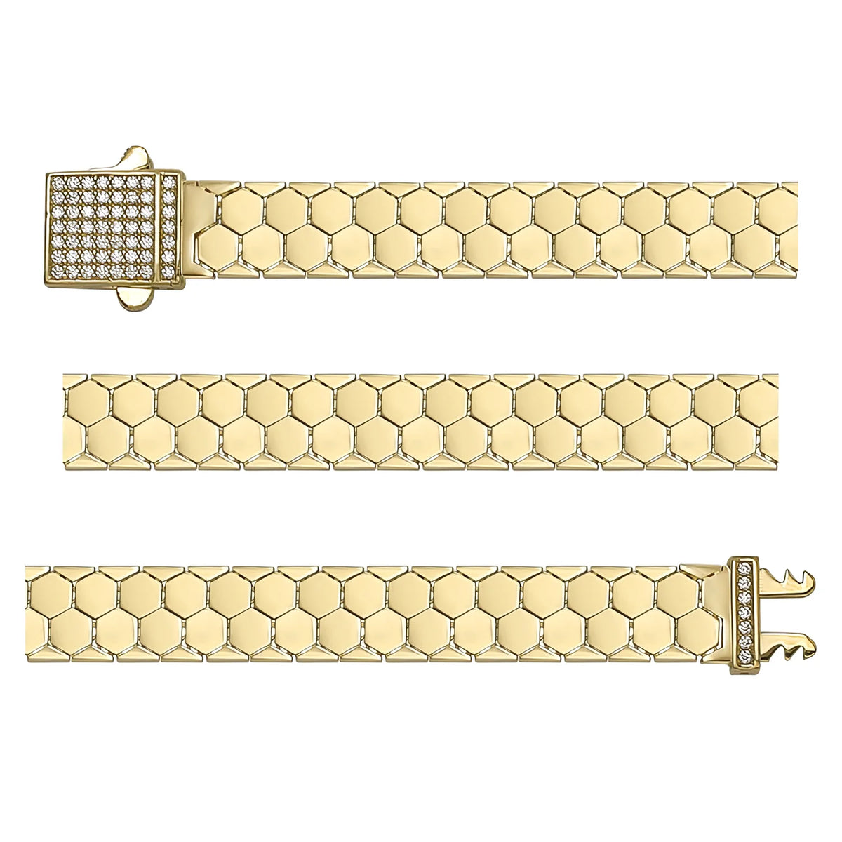 Solid gold honeycomb bracelet, 10.73 g — shown in three rows across the frame.