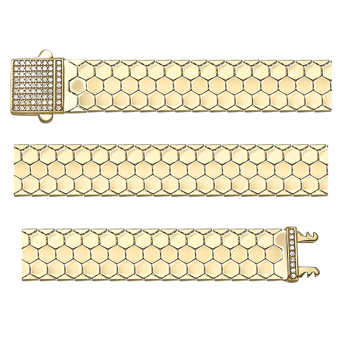 Solid gold honeycomb bracelet, 14.63 g — shown in three rows across the frame.