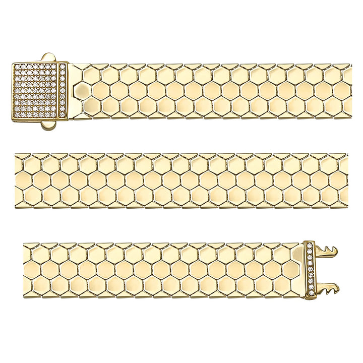Solid gold honeycomb bracelet, 14.63 g — shown in three rows across the frame.