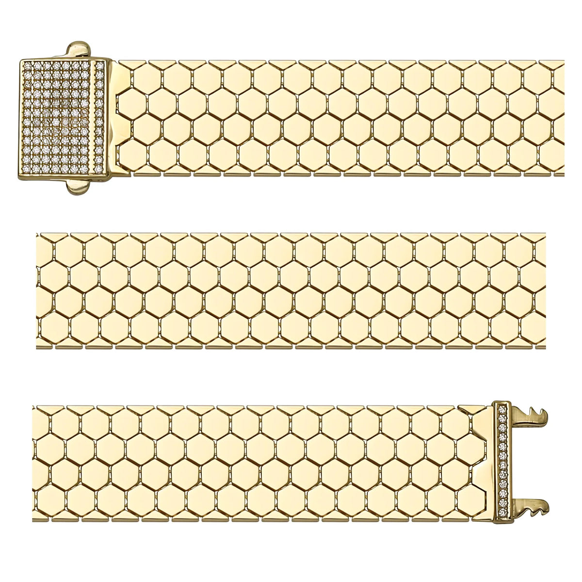 Solid gold honeycomb bracelet, 19.15 g — shown in three rows across the frame.